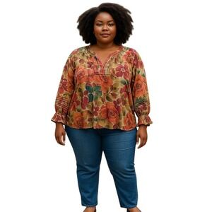 Democracy Size 2X Floral Blouse Autumn Colors Pintucking Pleats Long Sleeve Boho